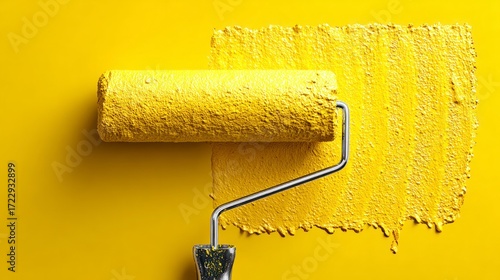 Yellow paint roller on yellow wall