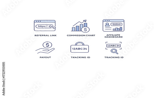 Print   Affiliate marketing vector set – referral link, commission chart, affiliate dashboard, payout icon, and tracking ID, minimal flat vector, isolated on white background