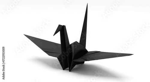 Striking monochromatic origami crane, its minimalist form casting subtle shadows on a pristine