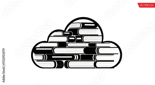 Stylized cloud illustration filled with horizontally stacked books signifying knowledge hub