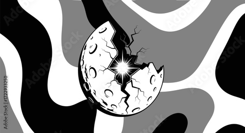 Stylized monochrome illustration of a cracked egg revealing a starburst inside a flowing pattern