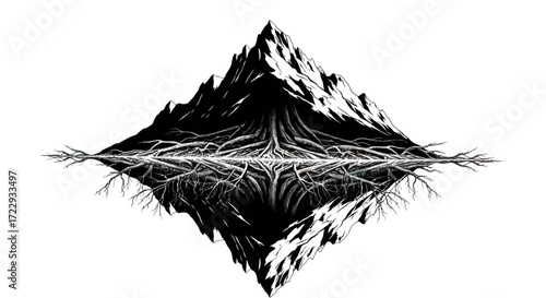 Symmetrical mountain range and root system illustration in black and white tones reflecting the