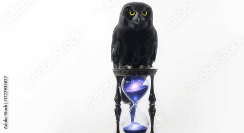Timeless Wisdom: A Nocturnal Owl Perched Upon an Hourglass Filled with the Cosmos