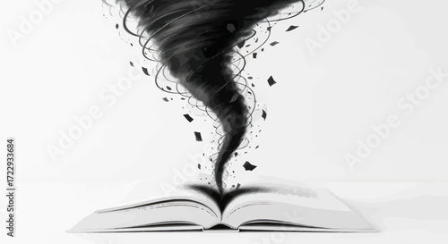 Unleashing tales: An open book evokes a dramatic scene with a swirling vortex of ink