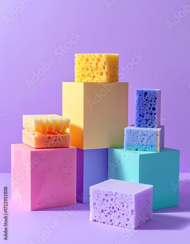 Tower of colorful cleaning sponges & blocks create a visually pleasing composition against a pastel purple background. Bright, modern, and clean