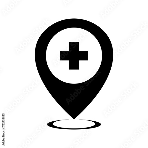 hospital location map pointer, cross icon with location pin, black filled symbol isolated on white background