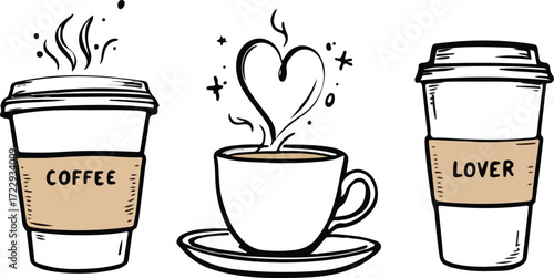 Hand Drawn Coffee Lover Vector Set: Takeaway Cups and Heart Steam Mug Sketch