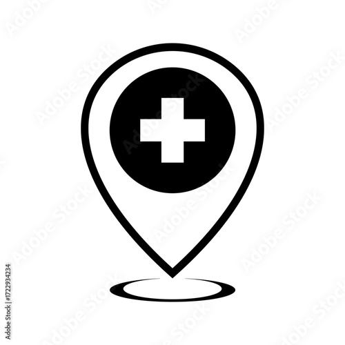 hospital location map pointer, cross icon with location pin, black filled symbol isolated on white background