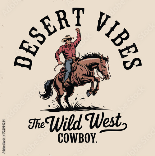 Cowboy Vintage Typography Illustration,  Wild West Texas Rodeo Vector Artwork Featuring Cowboy on Horse, Desert Cactus, and Retro Western Design for Apparel, Posters, and Western-Themed Prints