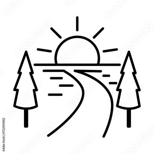 Serene Autumn Line Icon A Tranquil Sunrise Over a Winding Path Between Two Pine Trees