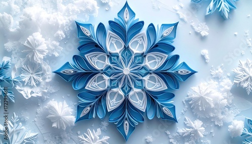 Intricate snowflake A detailed, symmetrical design, featuring layers of blue and white paper, surrounded by scattered snow