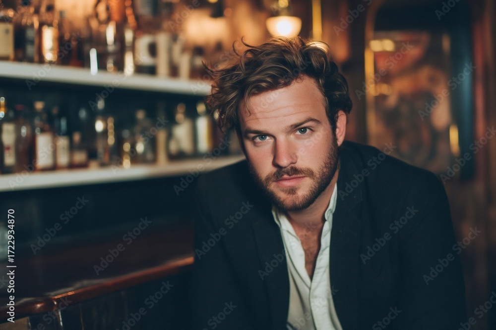 Obraz premium Young man with beard posing with confident expression at bar, looking at camera. Blurred bottles visible on shelves