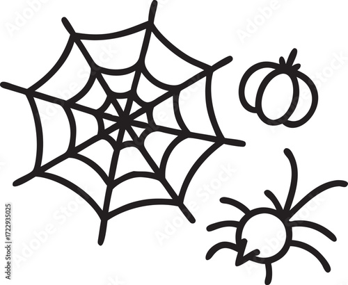 Halloween Vector Illustration with Spider Web Pumpkin and Spider Outline Design