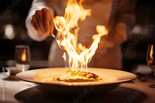 Professional chef using a spoon to flambe a dessert, creating a burst of flames tableside in a fine dining restaurant