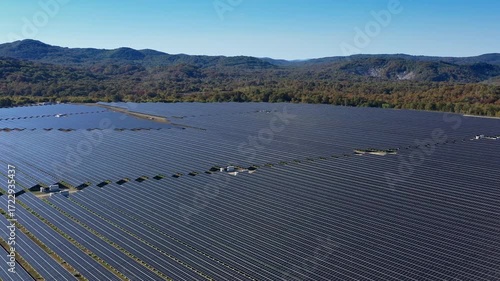 Aerial view to a solar panels in solar park near to Malko Tarnovo, Burgas, Bulgaria