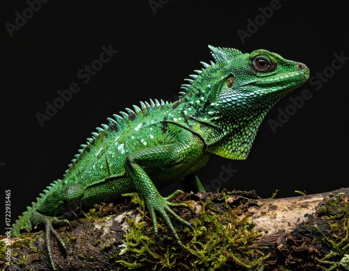 Vibrant green lizard with a spiky crest perches on a mossy branch against a dark backdrop, exuding an exotic, reptilian aura