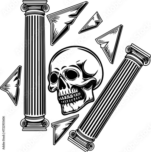 SVG vector illustration of a ghost skull in unique style.Skull and Classical Column Illustration with Paper Airplanes