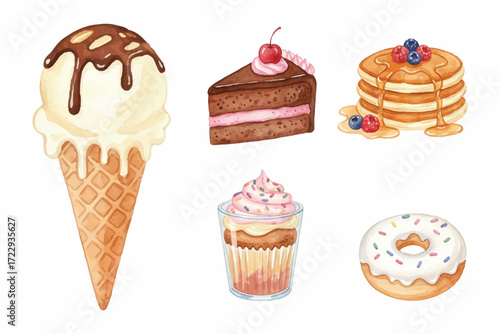 watercolor flat illustration of desserts collections