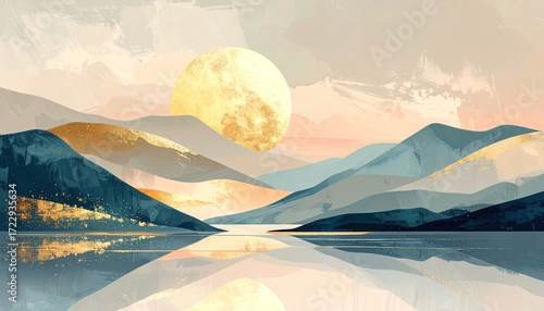 Serene mountain scape with a huge rising sun. Reflections visible in the calm water. Soft brushstrokes in shades of blue, gold, and beige