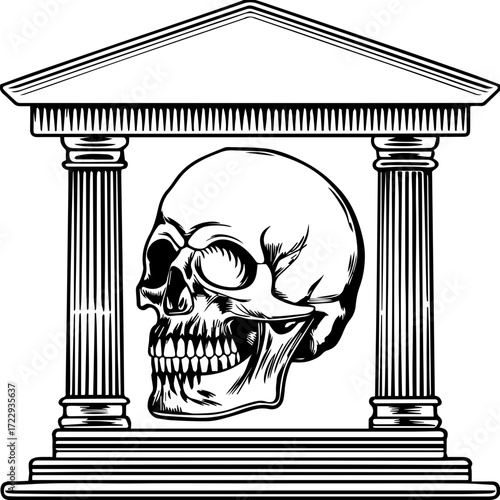 SVG vector illustration of a ghost skull in unique style.Detailed Skull Design with Classic Columns in Background