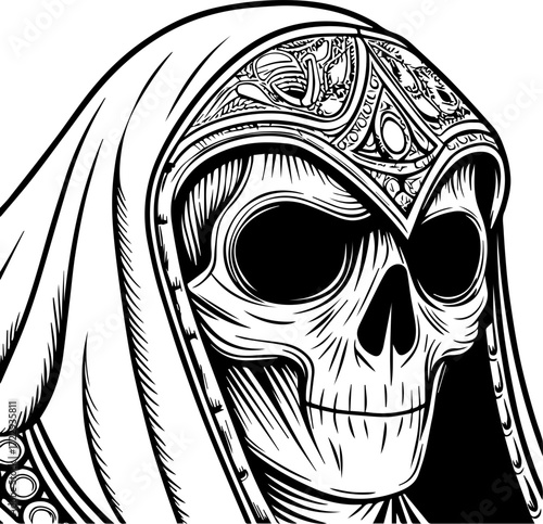 SVG vector illustration of a ghost skull in unique style.Intricate Skull Illustration with Ornate Veil Design