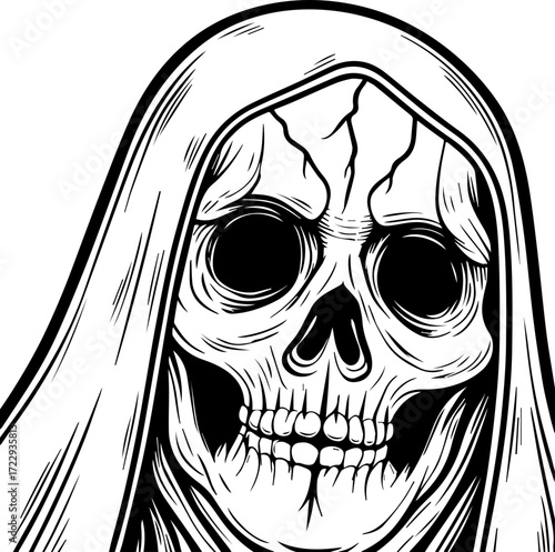 SVG vector illustration of a ghost skull in unique style.Mysterious Skull in Dark Cloak with Intricate Details