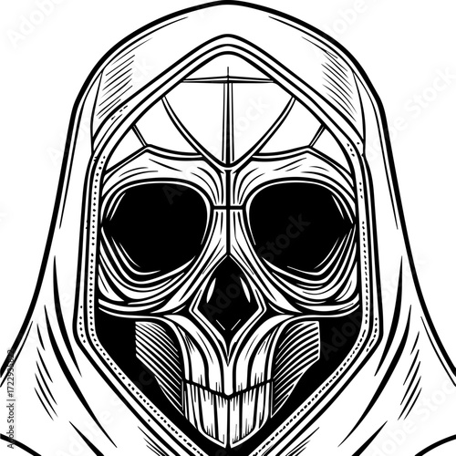 SVG vector illustration of a ghost skull in unique style.Mysterious Skull Face in a Dark Robe with Intricate Details