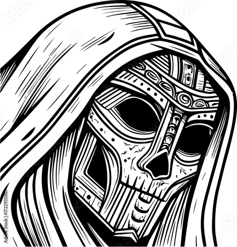 SVG vector illustration of a ghost skull in unique style.Mystical Skull in Hooded Cloak Detailed Monochrome Art
