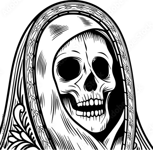 SVG vector illustration of a ghost skull in unique style.Skeleton Head Wrapped in Veil with Intricate Details