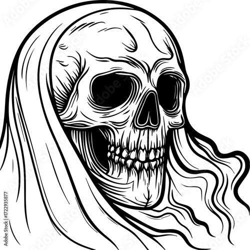 SVG vector illustration of a ghost skull in unique style.Skull Design with Flowing Veil for Spooky Theme Art