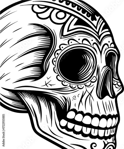 SVG vector illustration of a ghost skull in unique style.Intricate Black and White Skull Design for Artistic Use