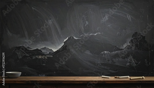 A chalkboard with a landscape drawing in chalk, resting on a wooden table with eraser, chalk, and dish