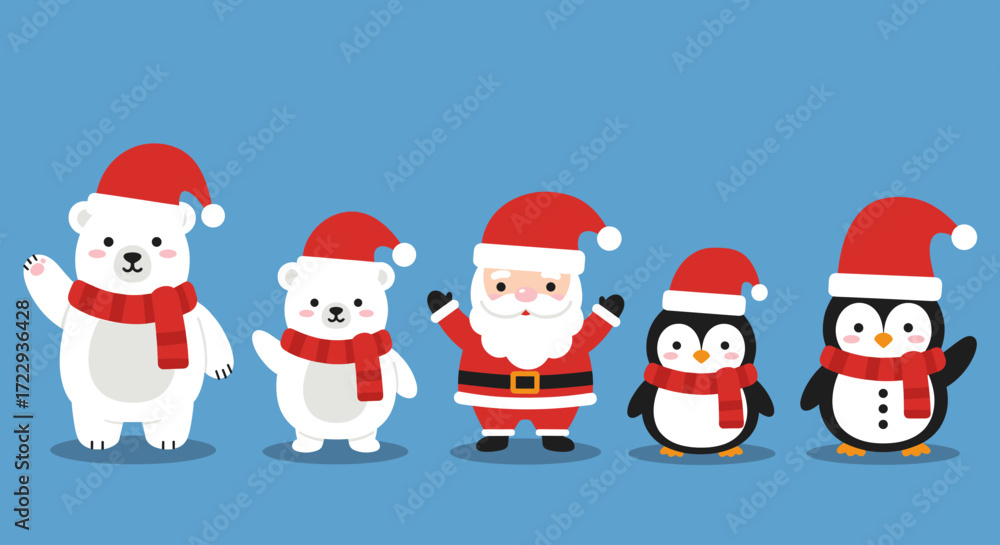 Fototapeta premium A cute Christmas illustration featuring two polar bears, Santa Claus, and two penguins, all wearing Santa hats and red scarves, standing together on a blue background in a festive holiday style.