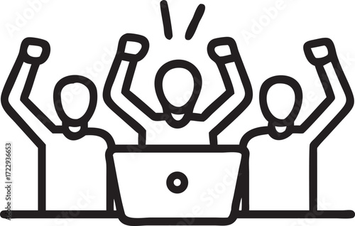 Team celebrates success looking at computer screen reaching arms up cheerfully
