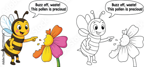 Cute Cartoon Bee Protecting Pollen on a Flower