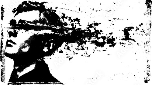 Abstract black and white portrait vector illustration with unique texture and dynamic composition, showcasing modern artistic expression in a set design.