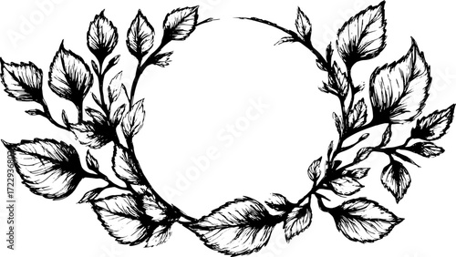 Leaves forming a circular wreath in black and white. This vector illustration features a clean design, suitable for various decorative contexts.