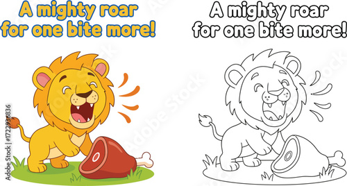 Cute Cartoon Lion Roaring for More Food