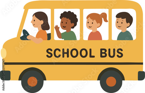 little kids boy and girl ride school bus and go to school