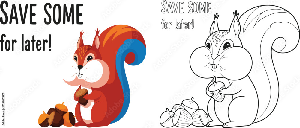 Fototapeta premium Cute Cartoon Squirrel Saving Acorns Save Some for Later