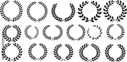 Black laurel wreath vector set with circular and semi-circular leaf designs for award, certificate, emblem, victory, and honor themes