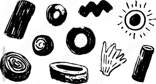 Black and white shapes on a canvas. Simple texture and modern vector illustration set featuring various elements in an abstract composition.