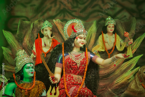Photography Durga family idol with Shiva Ganesha Kartikeya, Navratri Durga maa family statue, Hindu divine family sculpture, Durga puja decoration with full family stock photo