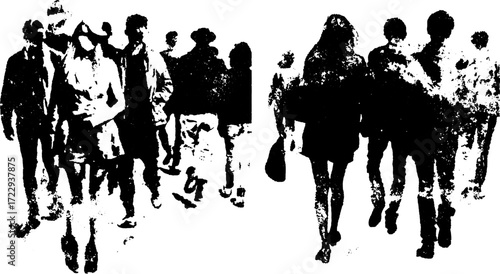 Silhouettes of people walking in a crowd on the street. Modern vector illustration displaying fashion in a dynamic urban set.