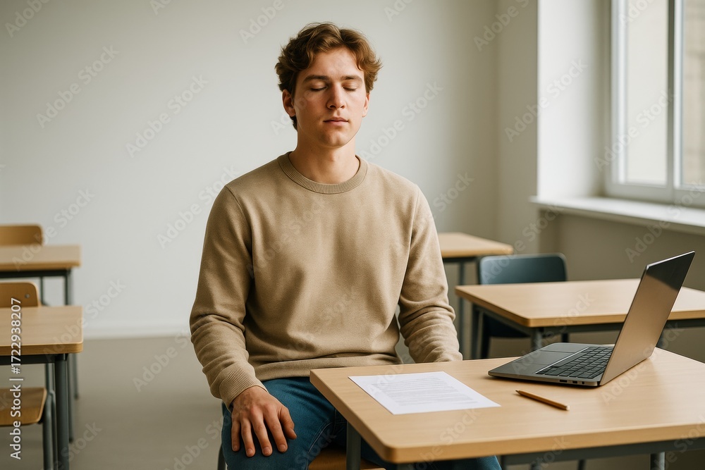 Fototapeta premium Young man meditating in classroom with eyes closed, sitting at desk with laptop and papers, in peaceful light background environment. Ai generative