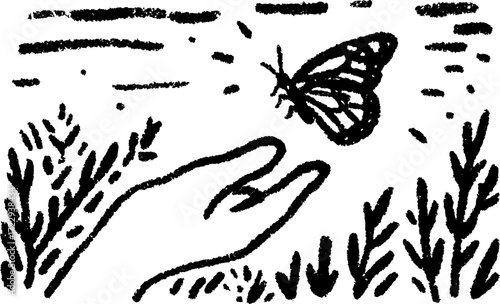 Butterfly landing on a hand in a sketched nature scene. Simple black and white vector illustration depicting flora and movement.