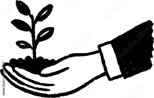 Illustration of a hand holding a small plant sprouting from soil. Simple black and white vector illustration representing growth and nurturing in nature.