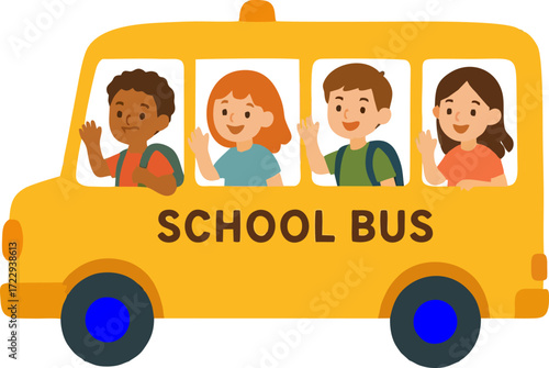 little kids boy and girl ride school bus and go to school