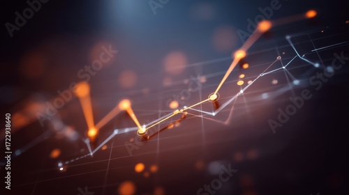 Abstract financial data chart with orange and blue trend lines on dark background, bokeh lights,
