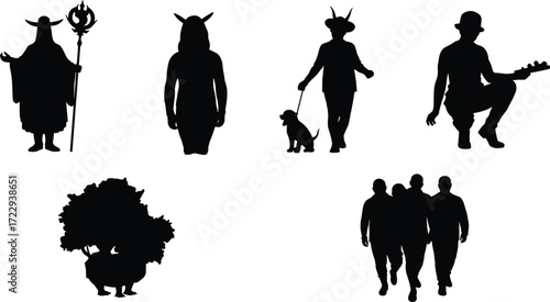 Fantasy character silhouettes with wizard, horned figures, tree creature, artist, dog walker, group walking, mythical poses, cultural costumes, vector illustration, artwork